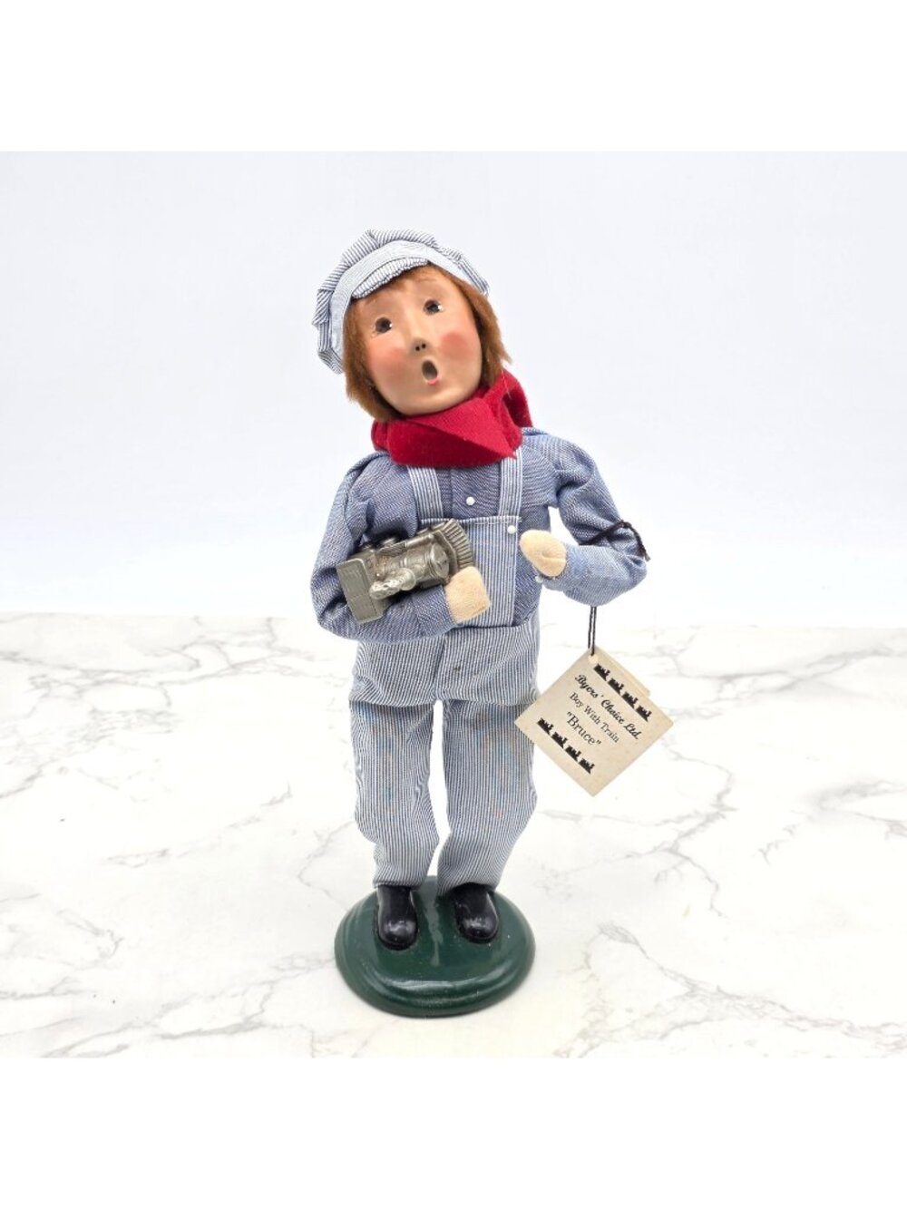 Byers Choice Carolers Boy with Engine Train Overalls Cap Pewter Cupboard 2000